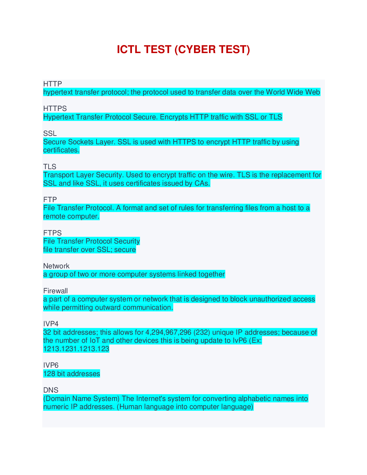 Preview image of ICTL TEST (CYBER TEST) | 36 QUESTIONS WITH CORRECT ANSWERS document